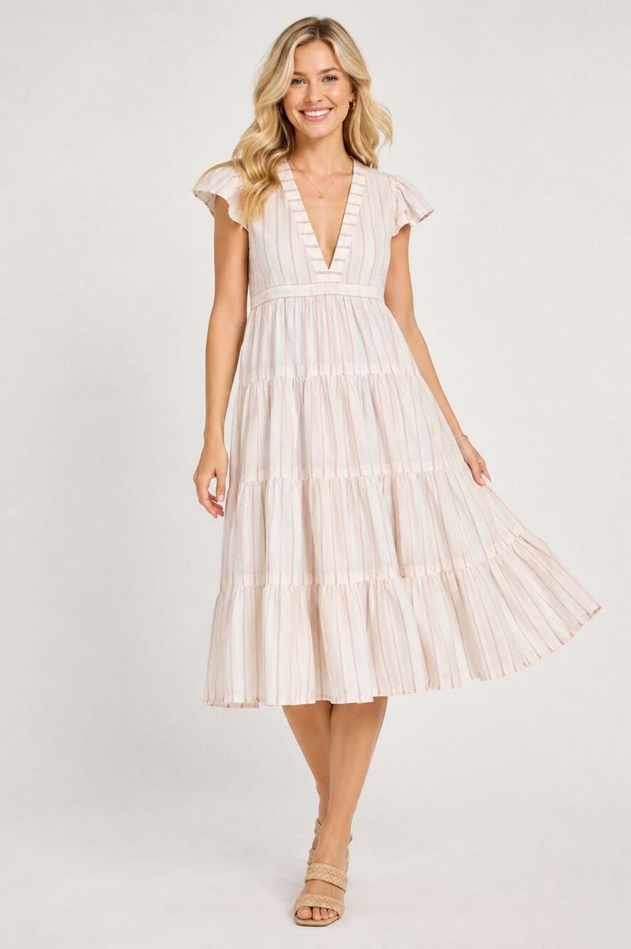 Lemlem by Liya Kebede Midi Plunge Dress S Tiered Pink Stripe Coastal Cap Sleeve